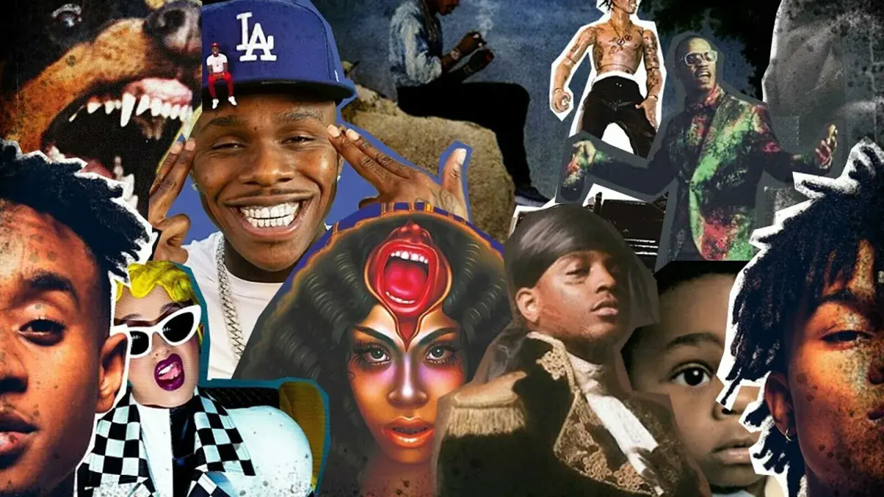 Kolaż z wizerunkami artystów, którzy tworzą klasyki rapu USA. Widać m.in. DaBaby'ego, Cardi B i innych.