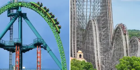 Zielona kolejka górska Kingda Ka i drewniana konstrukcja innej kolejki.