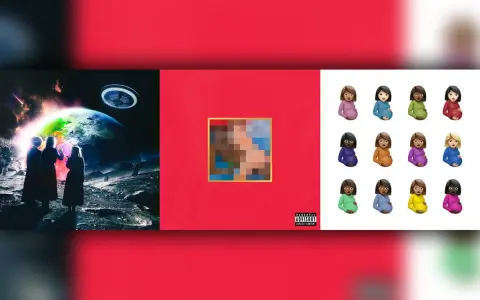 Okładki albumów z kosmiczną sceną, czerwoną z pikselami i ciążowymi emoji. Idealne do słuchania rap bez przekleństw.