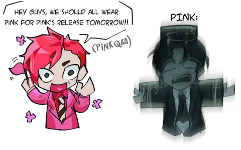 Różowe osh33, jeden w garniturze, proponuje wspólne noszenie różu na jutrzejszą premierę. Obok, w ciemnym garniturze, widać przerażonego "PINK".