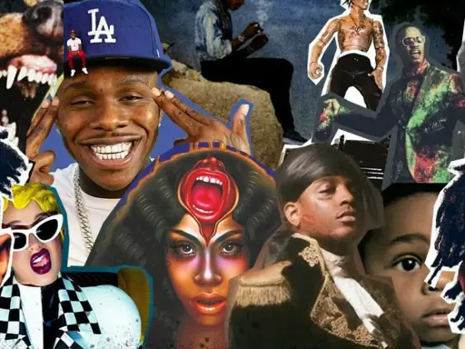 Kolaż przedstawiający artystów hip-hopowych, takich jak DaBaby, Cardi B i inni, tworzących najpopularniejsze kawałki hip-hop.