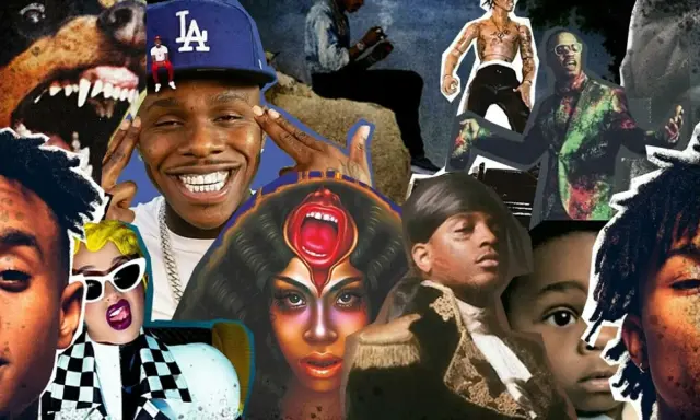 Kolaż przedstawiający artystów hip-hopowych, takich jak DaBaby, Cardi B i inni, tworzących najpopularniejsze kawałki hip-hop.