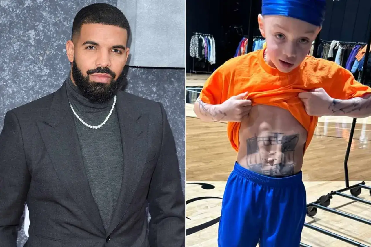 Drake i jego syn, który pokazał rysunek na brzuchu.